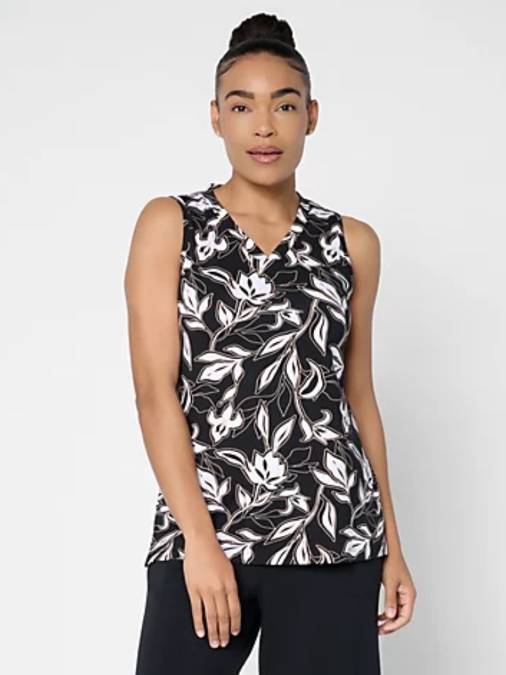 Denim & Co. Beach Jersey Printed V-Neck Tank Top, Black Sz M a725870